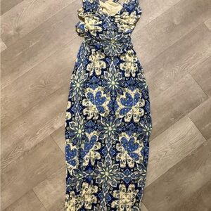 Blue & Cream Floral Maxi Dress - Unbranded